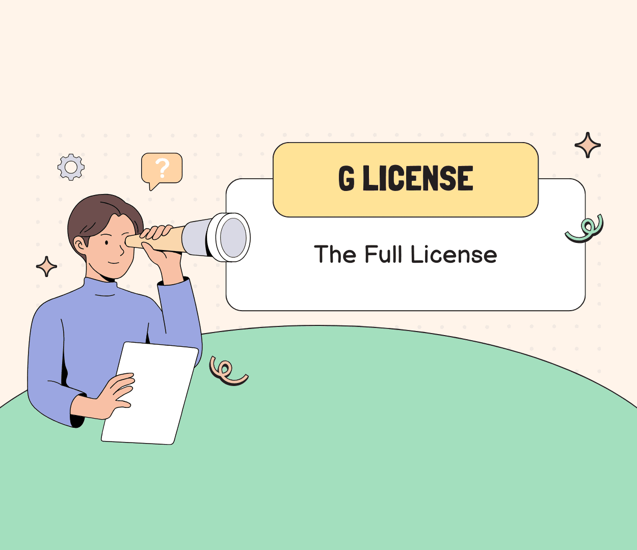 a cartoon holding a telescope and looking through it and trying to find information about the G license